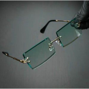 Green Tint Vintage Gold Frame Rimless Shades Retro